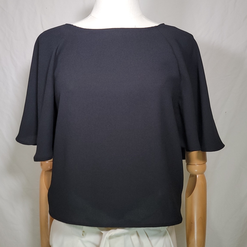 Zara flutter sleeve black boxy cropped Top blouse, Size Small